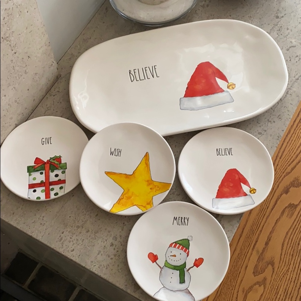 Rae Dunn “Believe” platter and set of 4 app plates